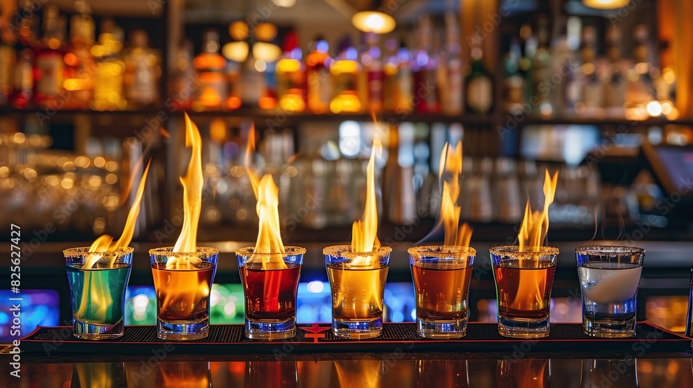 Cocktails Burning Shots and Shooters on bar counter in a restaurant. Generative Ai