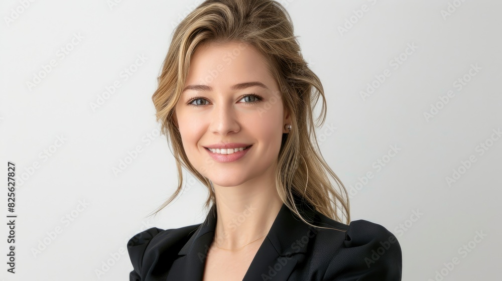 In A Portrait Against A White Background, The Beautiful Businesswoman In A Suit Beams With Gladness And Success, High Quality In A Portrait Against A White Background, The Beautiful Businesswoman In A Suit Beams With Gladness And Success, High Quality