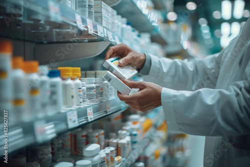 A pharmacist checks medication labels on pharmacy shelves, ensuring proper inventory management and accurate dispensing of pharmaceuticals.