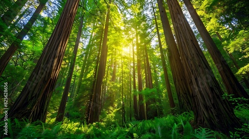 A dense forest of towering redwood trees  their ancient branches reaching skyward in a majestic display of nature s grandeur.
