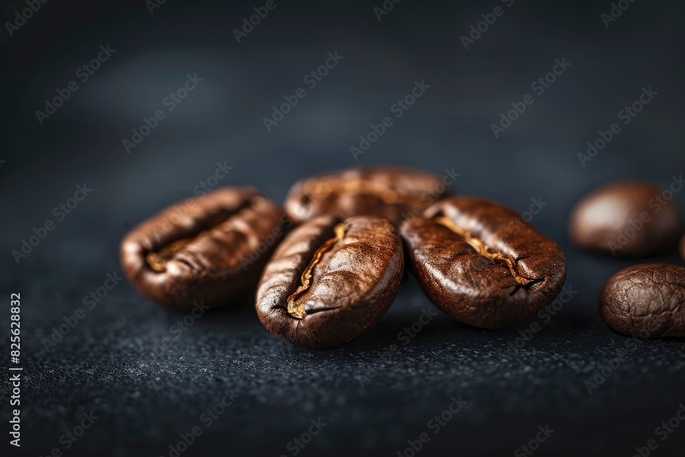 Brown Roasted Coffee Beans Closeup On Dark Background - generative ai Brown Roasted Coffee Beans Closeup On Dark Background - generative ai