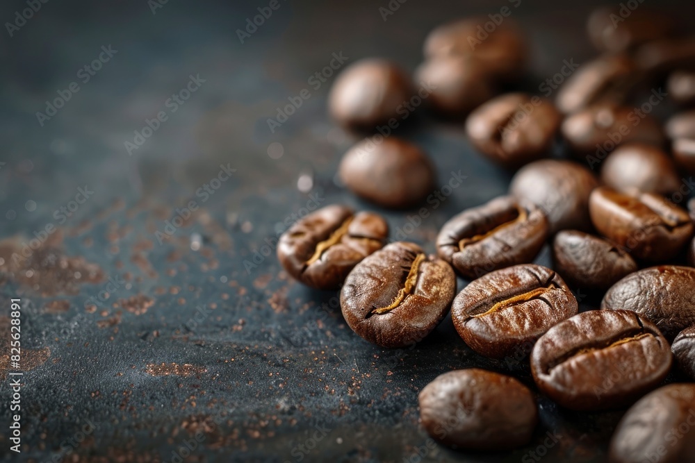 Brown Roasted Coffee Beans Closeup On Dark Background - generative ai Brown Roasted Coffee Beans Closeup On Dark Background - generative ai