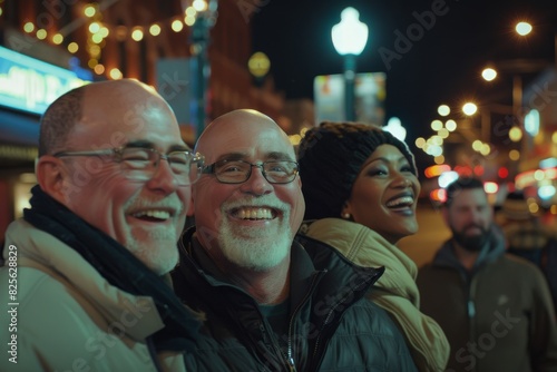 Group of senior friends laughing and having fun in a night city.