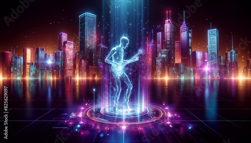 Holographic Musician Performing on a Cyberpunk Virtual Stage