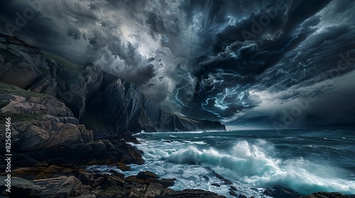 A dramatic storm rolling in over a rugged coastline, with dark clouds and crashing waves creating a sense of raw power.