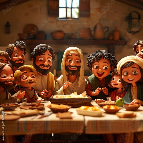 Step into the triumphant cartoon scene where Jesus commissions his twelve disciples to spread his message of love and salvation worldwide. Jesus  with compassion and authority in his gaze 