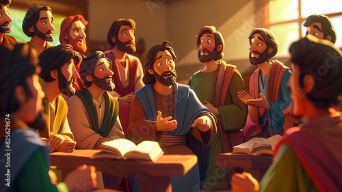 Step into the triumphant cartoon scene where Jesus commissions his twelve disciples to spread his message of love and salvation worldwide. Jesus, with compassion and authority in his gaze, photo