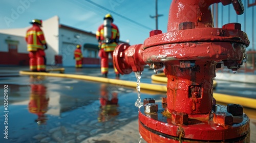 Fire hydrant on Roadside outdoor , with blur background the firefighters are preparing hoses and equipment.