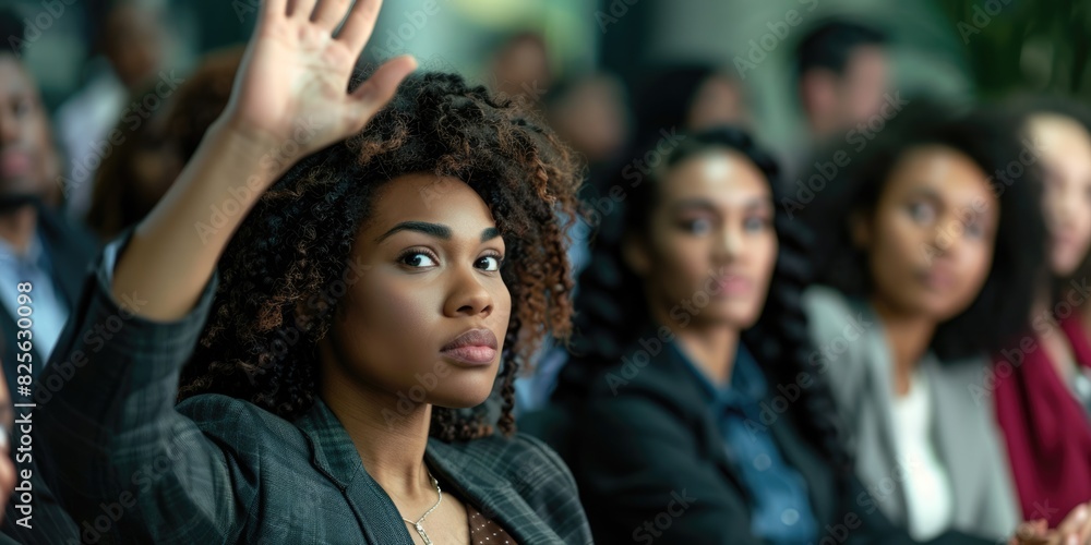 Fototapeta premium Black People In Line. Business Black Woman Raising Hand to Answer in Interview Meeting with Candidate Group in Office