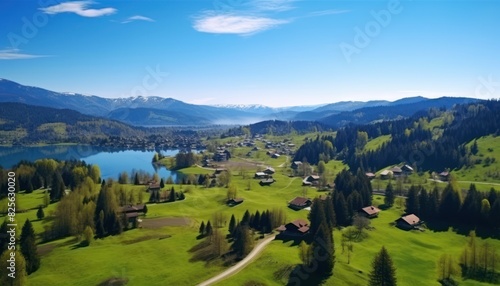 Views of fertile land surrounded by stunning green vegetation, rolling hills and mountains with clear skies in spring.