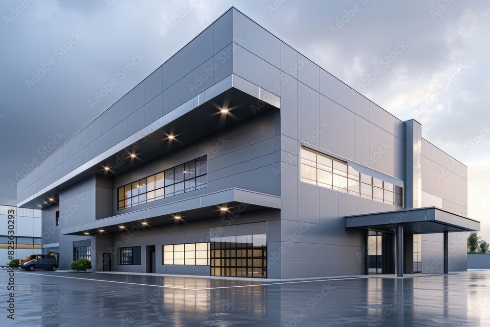 Building Lot. Modern Industrial Warehouse with Grey and White Exterior, Distribution Center and Car Parking