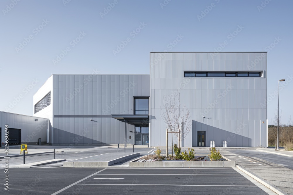 Building Lot: Modern Industrial Warehouse with Grey and White Architecture in Car Parking Area