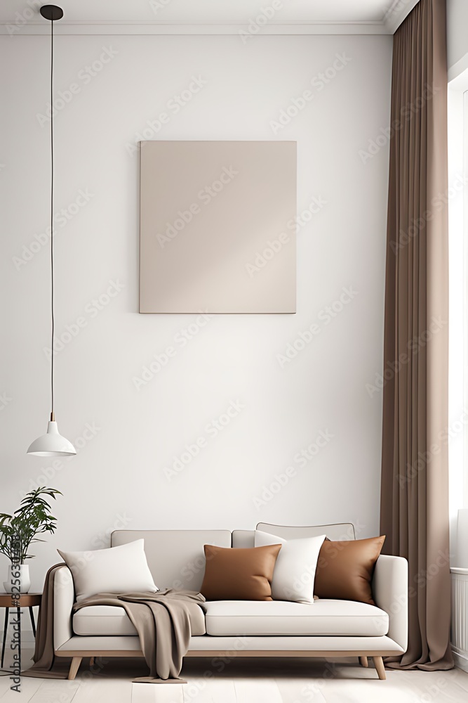 Living Room with White Walls with Canvas Art Mockup, Brown Pillow and Curtain Accents, Scandinavian Minimal Interior for Home or Office, 3D Rendering

