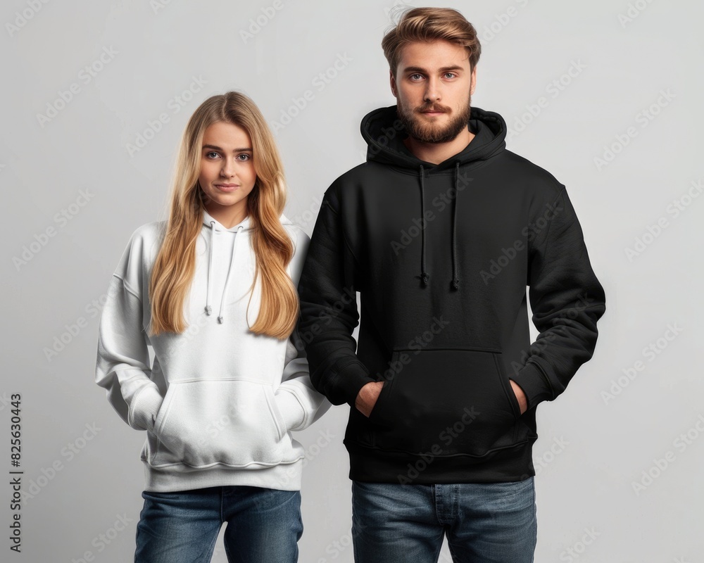 Clothes Mockup. Blank Hoodie Mockup for Fashion Design with Young Man and Blonde Girl Clothes Mockup. Blank Hoodie Mockup for Fashion Design with Young Man and Blonde Girl