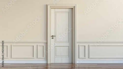Closed Door in Modern White Room. Interior Design with Copy Space