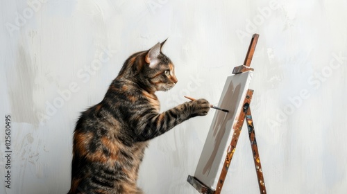 A cat painting on a canvas like a human artist, on a plain white background with copy space on the right side photo