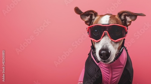 A dog in cycling gear, riding in a race like a human, on a plain pink background with copy space on the left side © kitinut