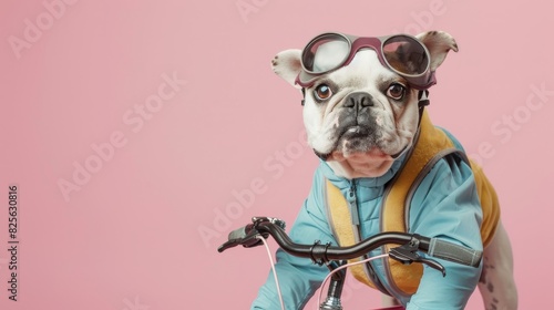 A dog in cycling outfit, climbing a hill like a human, on a simple pink background with copy space on the left side photo