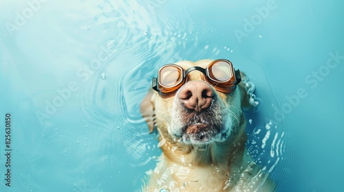 A dog in swimming goggles, doing a swimming stroke like a human, on a plain blue background with copy space on the right side