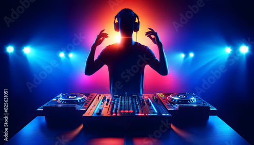 a DJ wearing headphones, standing behind a modern DJ setup with multiple turntables and mixers. photo