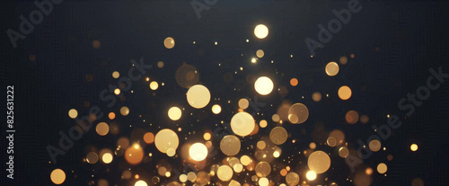 Partículas de brillo dorado fondo abstracto.Bokeh de partículas de brillo de luz dorada de Navidad sobre fondo negro marino. Concepto de vacaciones. Fondo abstracto con partículas de oro.	