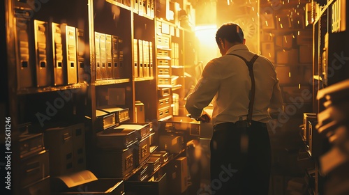 A detective in the office of an unobtrusive boss is searching through messy file cabinets for documents, warm colors, closeup, hyperrealistic, detailed, contrast, depth of field, intricate details, hi