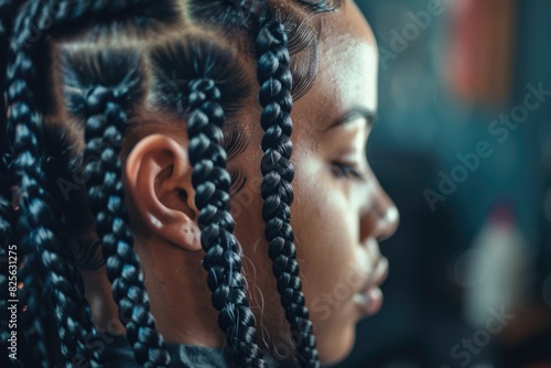 Hair Braiding. African hairstylist braiding beautiful hair of afro american girl in barber salon. Black beauty, fashion and coiffure culture. Stylish therapy professional care concept. photo
