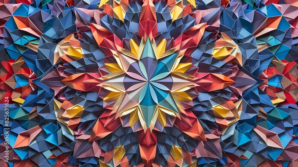 Intricate origami patterns inspired by stained glass windows, featuring a kaleidoscope of colors and geometric shapes