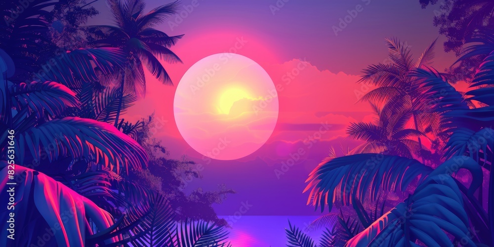 Neon Wave 1980s Hipster Party. Jungle Tropical Background with Electronic Vibes