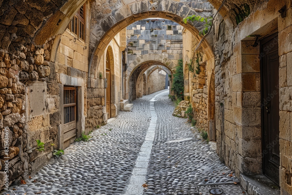 Old Greece. Medieval Arched Street in the Old Town of Rhodes, Greek Islands