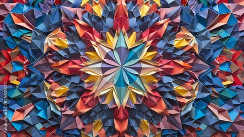 Intricate origami patterns inspired by stained glass windows, featuring a kaleidoscope of colors and geometric shapes