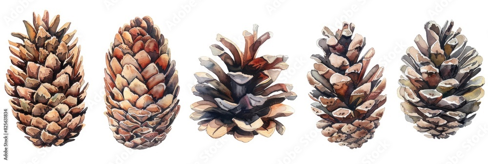 Pine Cone Drawing Collection. Hand-Painted Watercolor Illustration of Brown Cones Pine Cone Drawing Collection. Hand-Painted Watercolor Illustration of Brown Cones