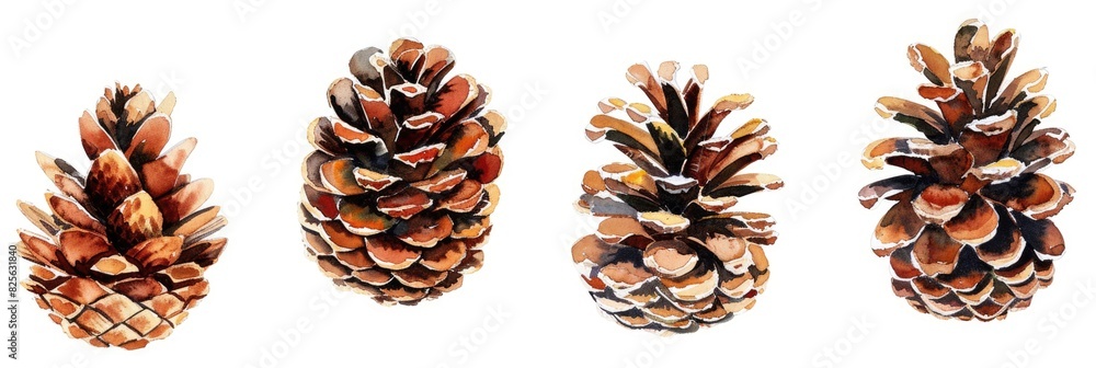 Pine Cone Drawing. Hand-Painted Watercolor Collection of Brown Cones from Fir Trees Pine Cone Drawing. Hand-Painted Watercolor Collection of Brown Cones from Fir Trees