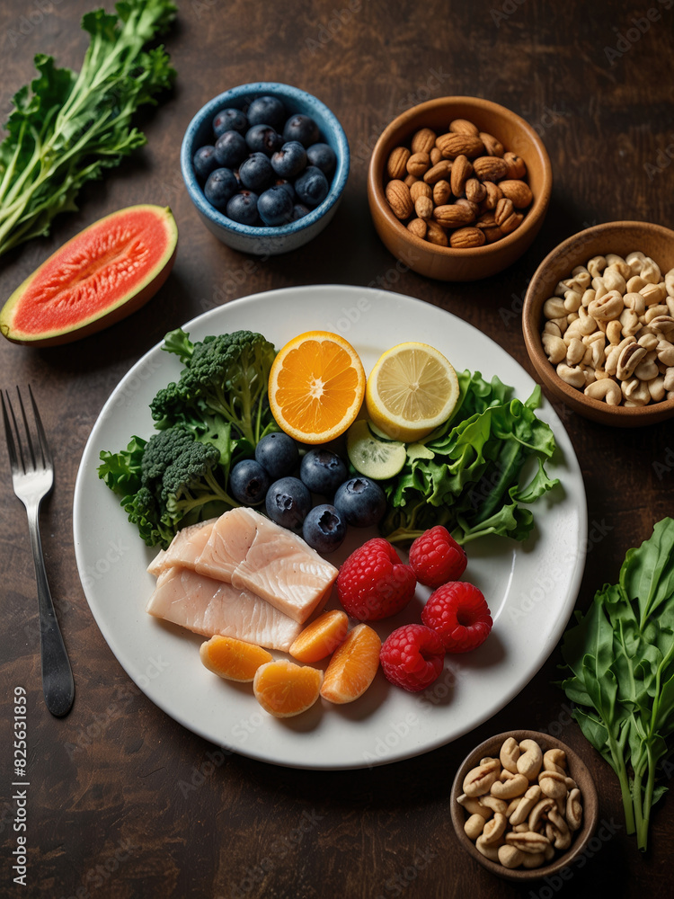 A plate filled with kidney-friendly foods, such as leafy greens, berries, fish, and nuts, highlighting the role of nutrition in maintaining kidney health. with Generative AI Technology A plate filled with kidney-friendly foods, such as leafy greens, berries, fish, and nuts, highlighting the role of nutrition in maintaining kidney health. with Generative AI Technology
