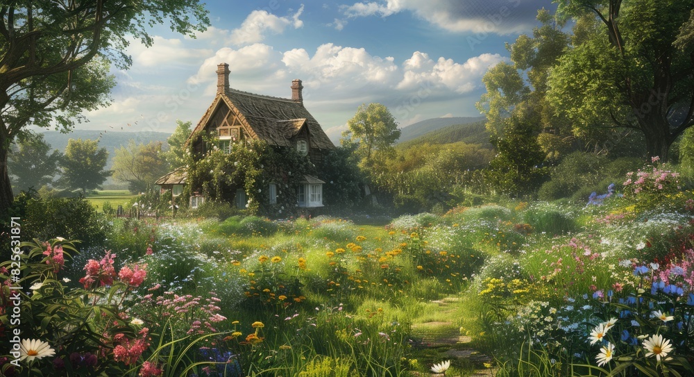 Serene Garden. Rustic English Country Garden with Charming Flowers and Green Fields Serene Garden. Rustic English Country Garden with Charming Flowers and Green Fields