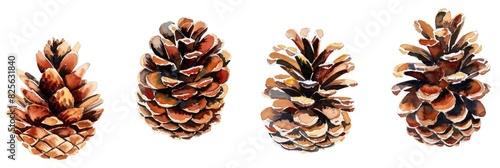 Pine Cone Drawing. Hand-Painted Watercolor Collection of Brown Cones from Fir Trees