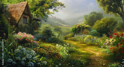 Serene Garden. Rustic English Country Landscape with Charming Flowers and Green Fields