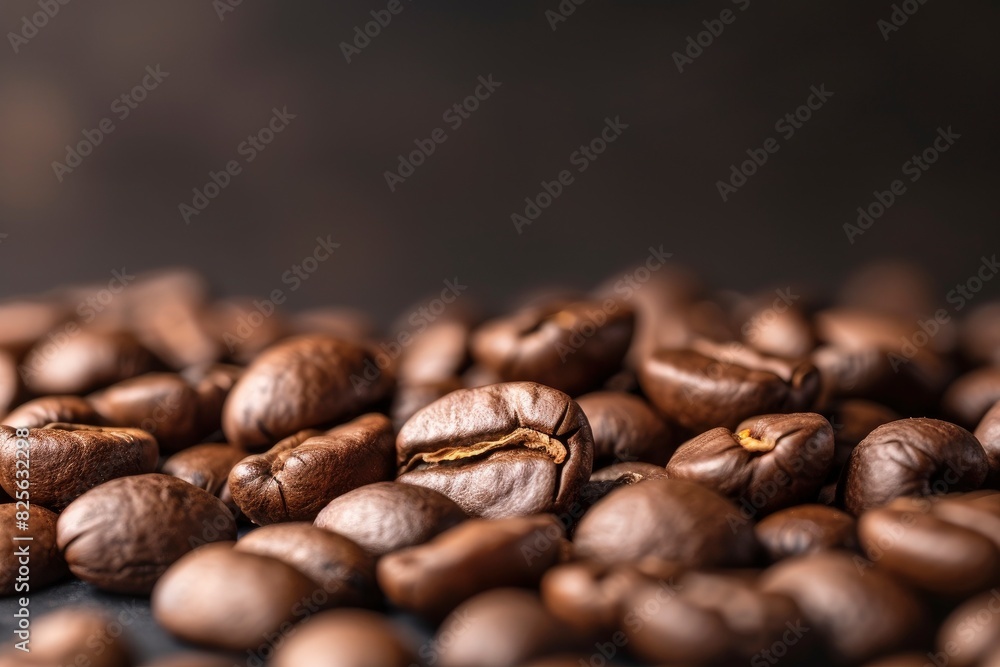 Brown Roasted Coffee Beans Closeup On Dark Background - generative ai Brown Roasted Coffee Beans Closeup On Dark Background - generative ai