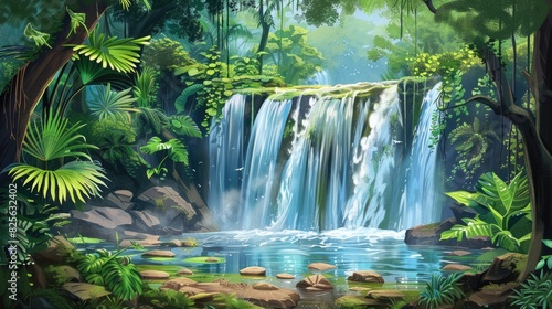 Waterfall Graphic in Jungle  Illustration of Beautiful Nature Scenery with Water Splash Background