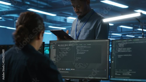 Manager overseeing team and doing system analysis of server farm supercomputers using tablet. Man supervising employees in data center housing storage infrastructure supporting critical IT workloads