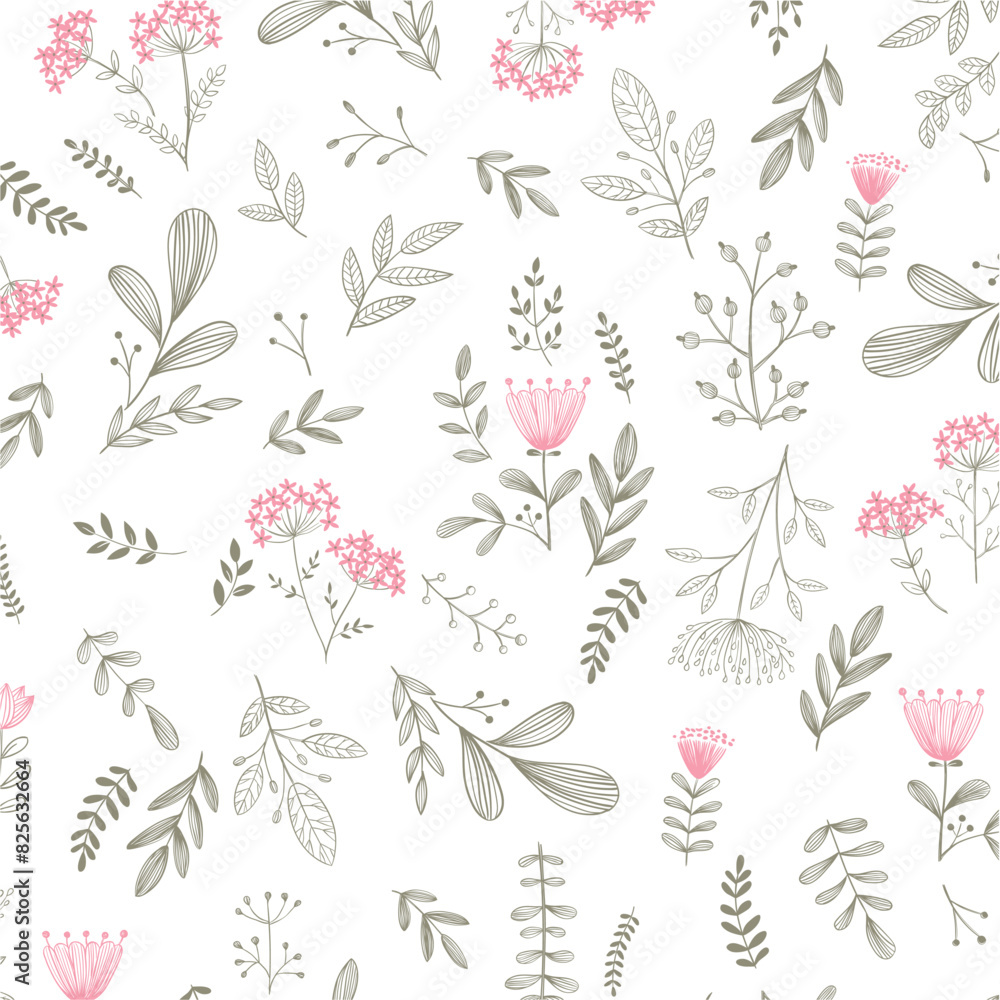 Fototapeta premium Wildflowers and Leaves pattern
