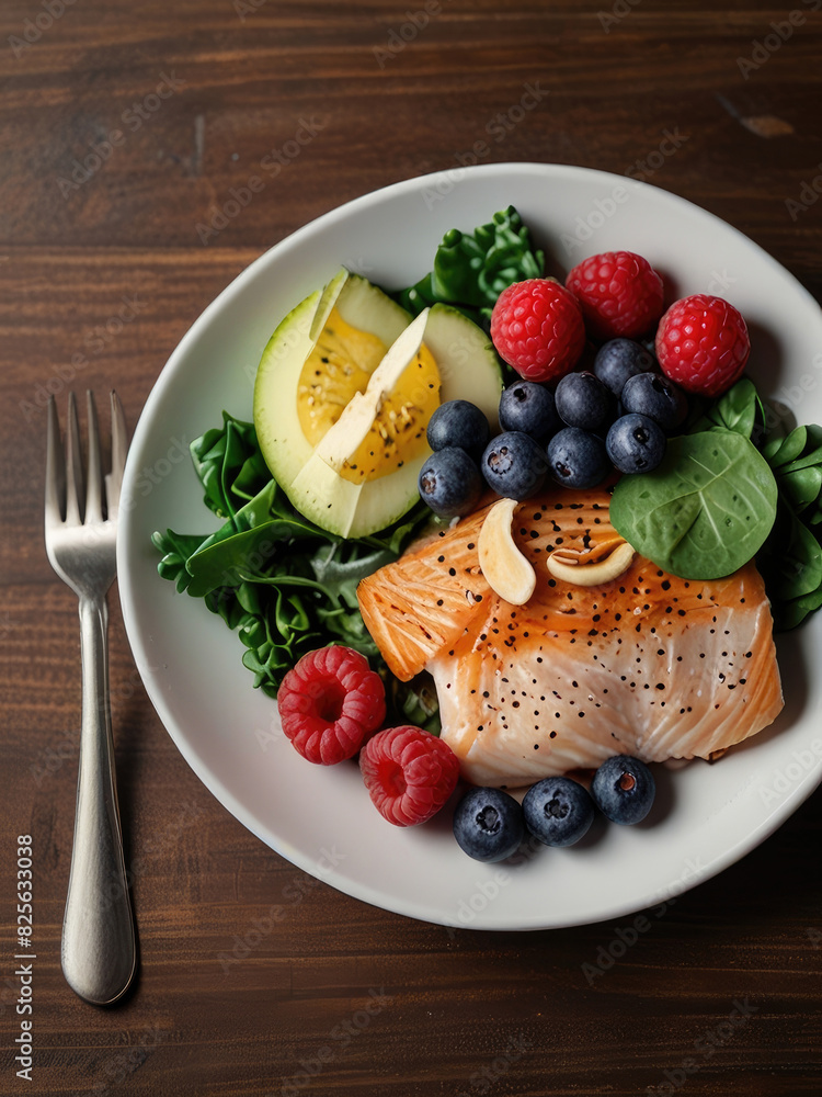 A plate filled with kidney-friendly foods, such as leafy greens, berries, fish, and nuts, highlighting the role of nutrition in maintaining kidney health. with Generative AI Technology A plate filled with kidney-friendly foods, such as leafy greens, berries, fish, and nuts, highlighting the role of nutrition in maintaining kidney health. with Generative AI Technology