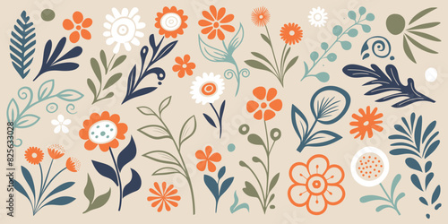 Hand drawn plant elements  flowers and leaves  vector design