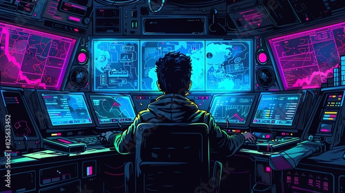 A man sits at the control panel of an alien ship, surrounded by multiple monitors displaying various data and maps. The background is dark with neon lights, creating an atmosphere reminiscent of scien photo