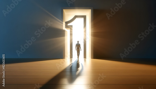 a single figure walking towards a large, bright number '1' shaped doorway. The minimalist scene features a wooden floor and plain walls.