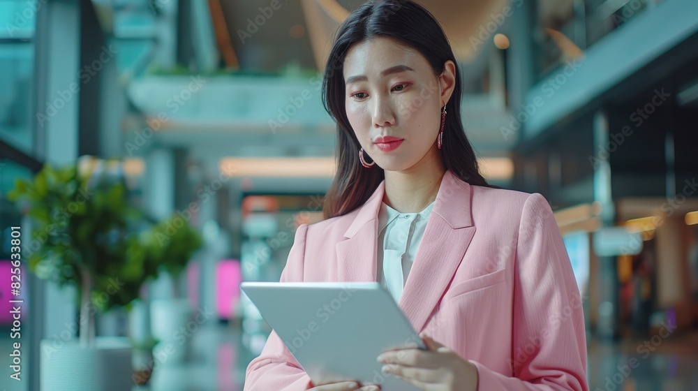 A Smart And Beautiful Asian Woman In A Pink Business Suit Uses A Digital Tablet, Blending Style With Professionalism, High Quality