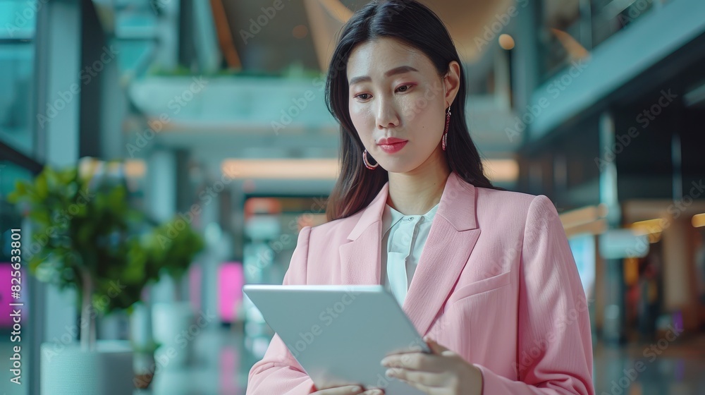 A Smart And Beautiful Asian Woman In A Pink Business Suit Uses A Digital Tablet, Blending Style With Professionalism, High Quality A Smart And Beautiful Asian Woman In A Pink Business Suit Uses A Digital Tablet, Blending Style With Professionalism, High Quality