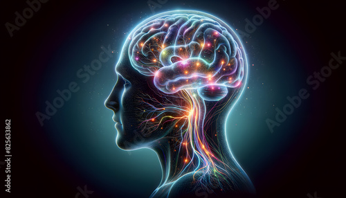 a detailed and realistic side profile of a human brain with neural connections vividly highlighted. The brain glows softly