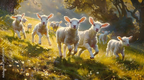A group of playful lambs frolicking in a sun-kissed meadow, their woolly coats a symbol of new life and renewal in spring. photo
