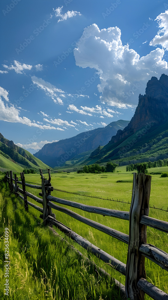 Stunning Landscape with Wooden Fence Dividing Lush Field and Rugged Mountains Under Clear Sky